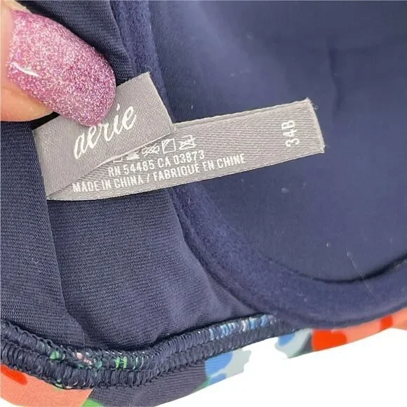 Aerie Bikini Top Holly Blue Floral Strapless Underwire Size 34B Bow Swimwear - Picture 7 of 8